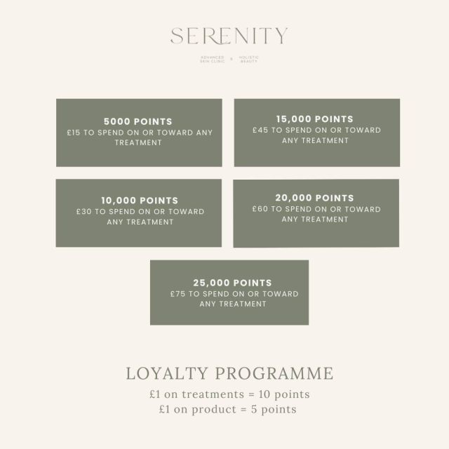Serenity loyalty programme. 🛍️

Did you know we offer a loyalty programme? The more you pamper, the more you save! Make sure you ask our lovely team if you can opt-in upon your next treatment. 💚

#serenitypoynton #poynton  #skincliniccheshire #cheshire #loyaltyscheme